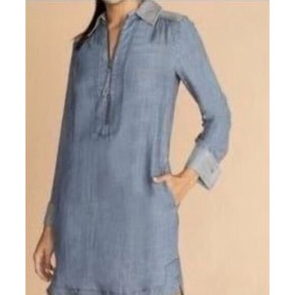 Trina Turk Darya Long Sleeve Chambray Dress Linen Blend-M - Picture 1 of 16